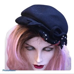 Vintage black fancy facinator hat party wedding event 1940s